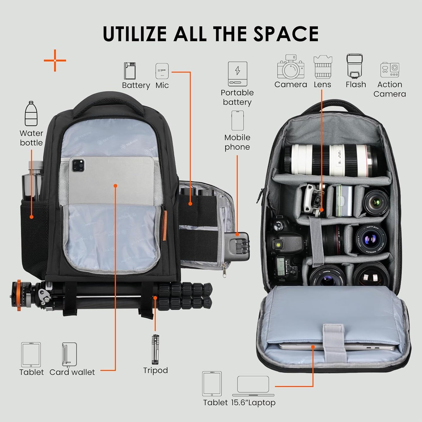 Large Camera Backpacks for Photographers - Waterproof Camera Bag Photography Backpack with 15.6" Laptop Compartment Rain Cover Side Access Tripod Holder(Tb04 Black)