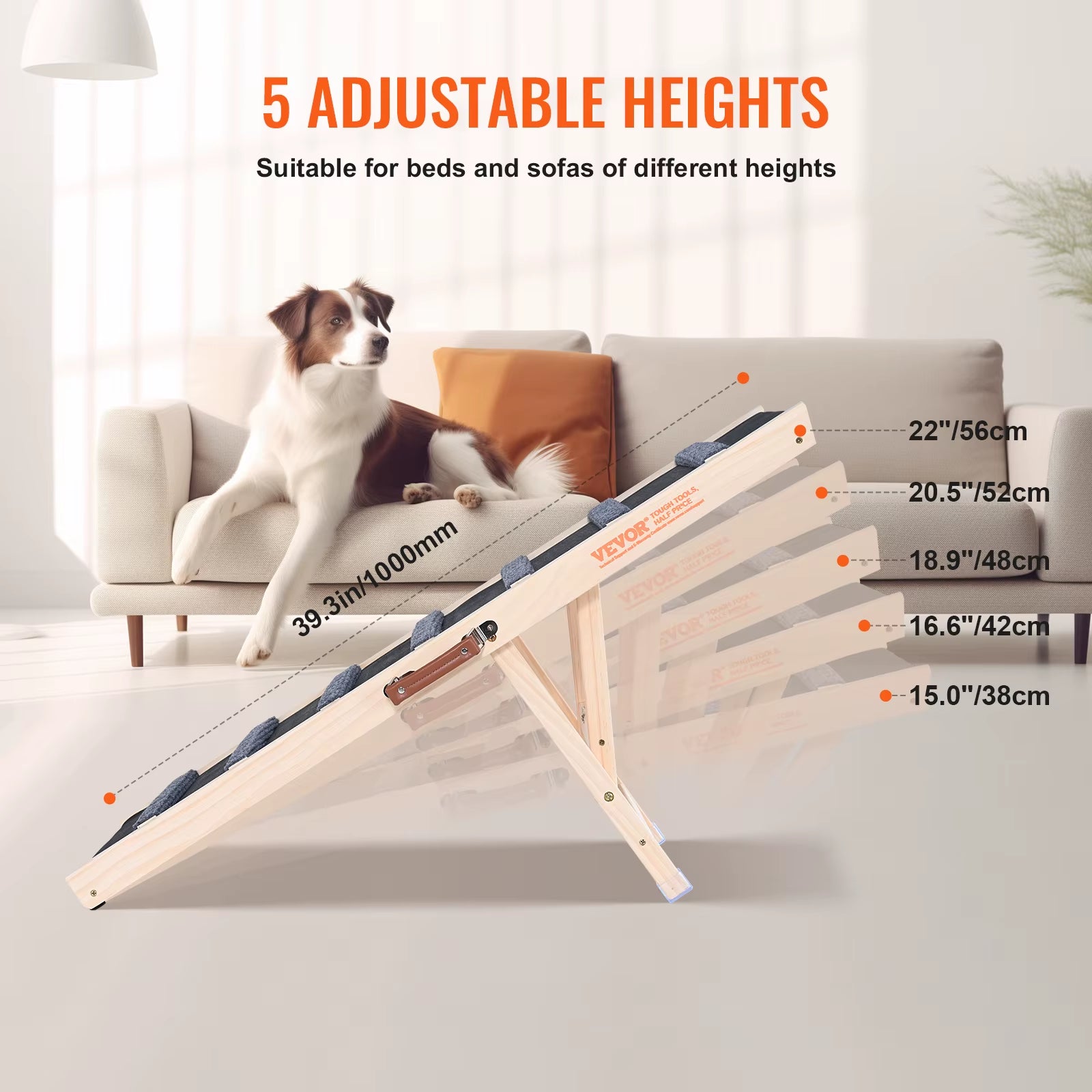 Dog Ramp Folding Ladder Anti-Slip High Adjustable Wooden Pet Ramp Removable for Small Old Dog Climbing Stairs Sofa Car
