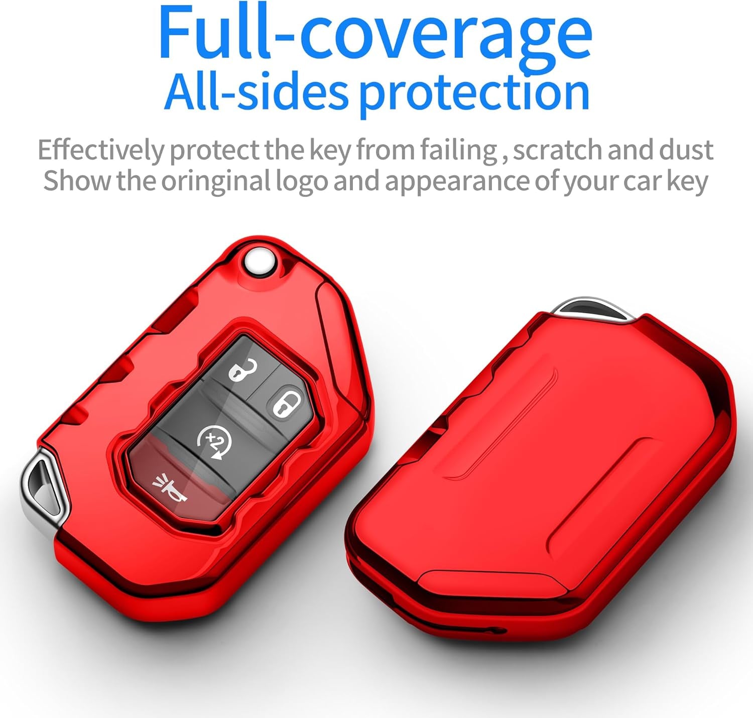for Jeep Key Fob Cover Premium Soft Full Protection Key Shell Key Case Compatible with 2020-2025 Gladiator JT Sahara JLU 2018-2025 Wrangler JL JLU Rubicon(Red)