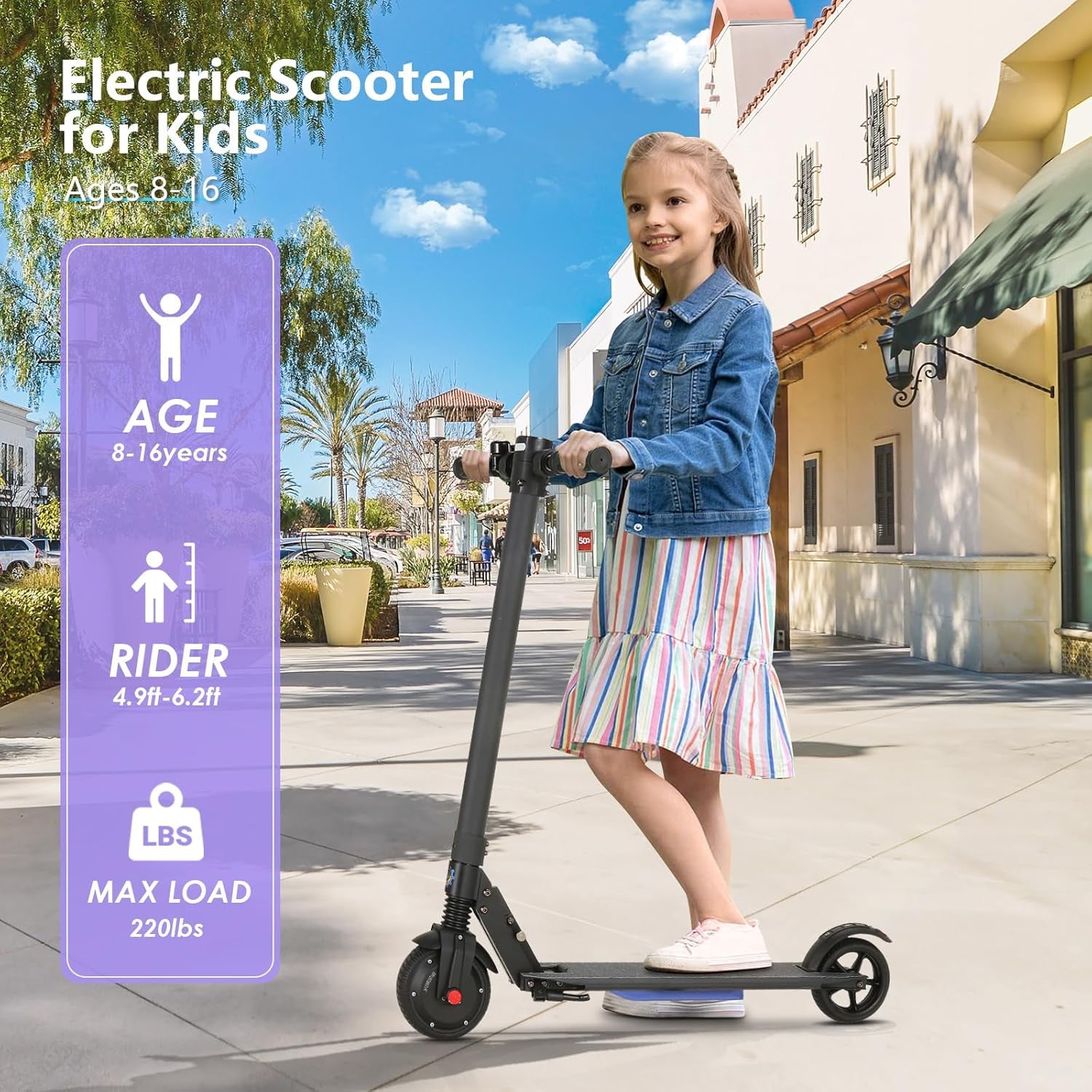 Electric Scooter for Kids Ages 8-12,Height for 3.9-5.8 Ft,250W,Led Display,6/10/15 MPH Adjustable Speed,Up to 120 Mins,Foldable Kids Electric Scooter with Dual Braking System,Max 220 Lbs